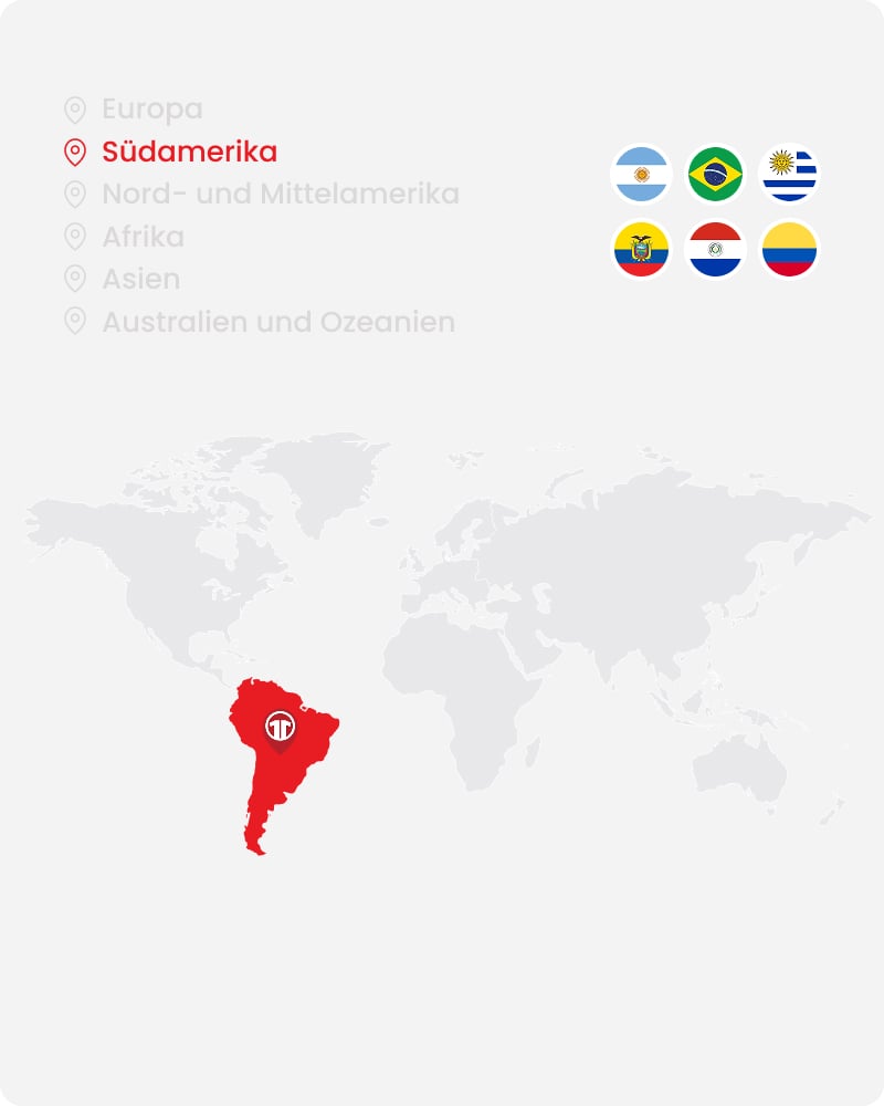 World map highlighting South America with national team flags - Shop official South American football shirts at 11teamsports