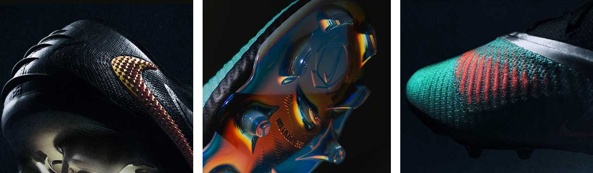 Nike Phantom Low 6 Elite in drei Detailansichten: Blick auf die Ferse, Blick auf die FG-Sohle, Detail-Zoom des Uppers mit Nike Swoosh