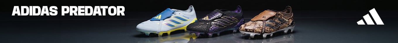Adidas Predator boot collection featuring white with blue stripes, black purple gold and snake skin editions on dark reflective background - Buy Adidas Predator football boots at 11teamsports