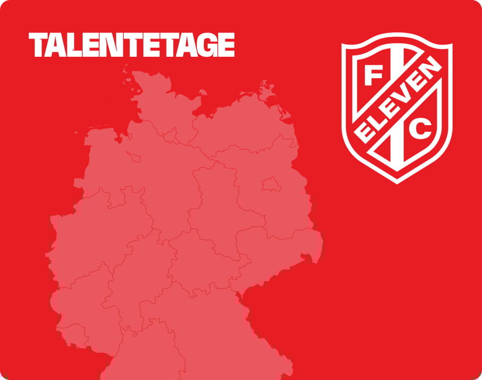 Germany map on red background with Eleven FC badge - Talent Days for young footballers at 11teamsports Football Academy