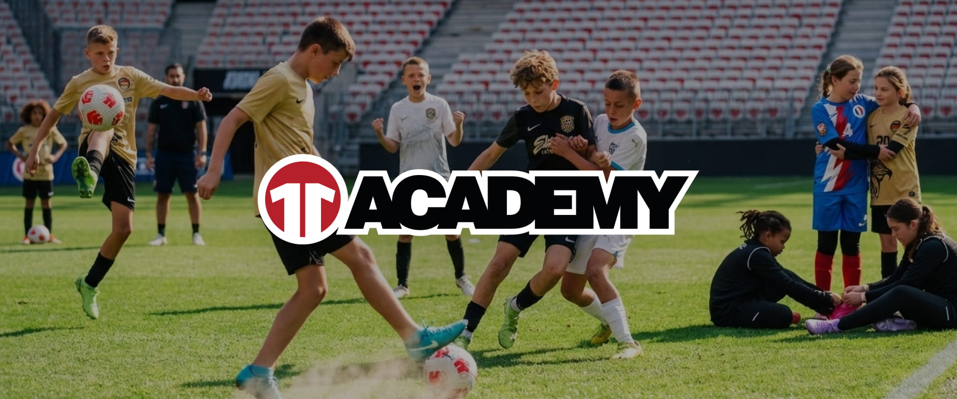 Children playing football on stadium pitch - 11teamsports Academy football camps for kids