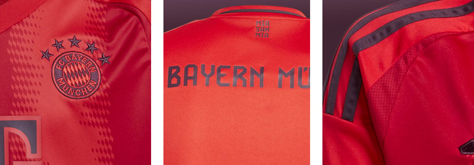 adidas FC Bayern Trikot - dreitelige Montage mit Detailansichten von Brustwappen, Rückenflock und adidas 3-Stripes auf den Schultern mit Mesh-Einsatz