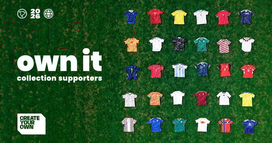Aerial view of colourful international football kits on grass - Shop official fanwear at 11teamsports