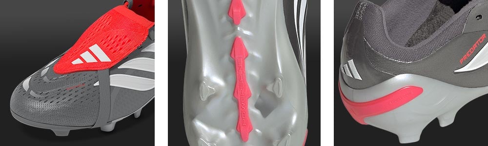 Dreieransicht des Kinder-Topmodells adidas Predator Elite FG Kids: links Zehenbox mit neuem Nanostrike Pro Upper, mittig die biomechanisch optimierte Predatorsohle mit verbesserter Nockenform und der R&uuml;ckkehr des legend&auml;ren Powerspines f&uuml;r besseren Fu&szlig;-Support beim Schuss, rechts die Fersenkappe mit au&szlig;enliegendem Stabilisator-Element und Blick auf das angenehm samtige Innenfutter