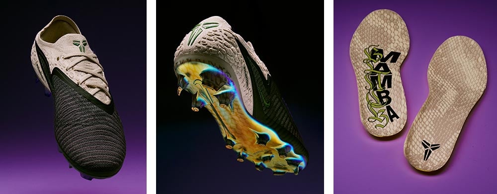 Detailansichten des Kobe Bryant Phantom 6 Special Edition Modells von Ende 2026: links Blick auf das custom-gestrickte Gripknit für diese Editin, mittig Blick auf die Ferse mit Snakeskin Embossing, rechts die speziell designten Einlegesohlen passend zum "Mamba Spirit"