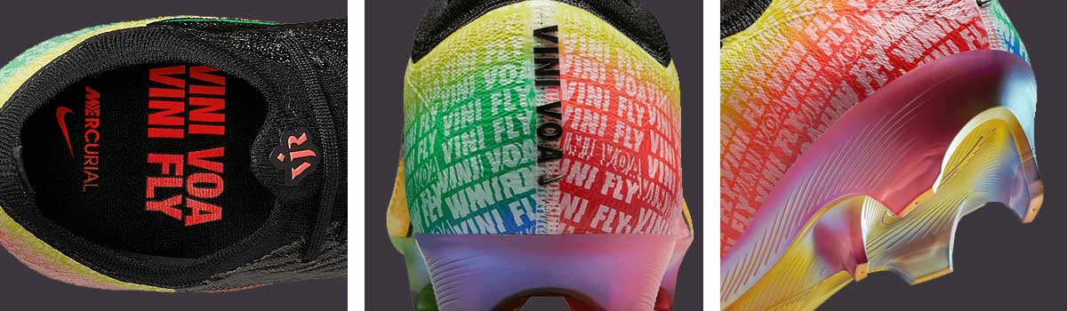 Collage aus Detailansichten des Nike Mercurial Vapor 16 Vini Jr FG Rasenfußballschuhs