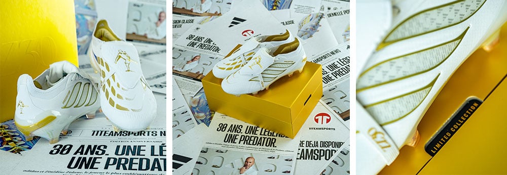 adidas Predator Elite FT FG Zinedine Zidane &Eacute;dition Limit&eacute;e pour le 30&egrave;me anniversaire adidas x Zinedine Zidane, banni&egrave;re avec vue en trois parties des chaussures de football adidas blanc-or avec de nombreux d&eacute;tails et l'&eacute;l&eacute;gante bo&icirc;te &agrave; chaussures dor&eacute;e