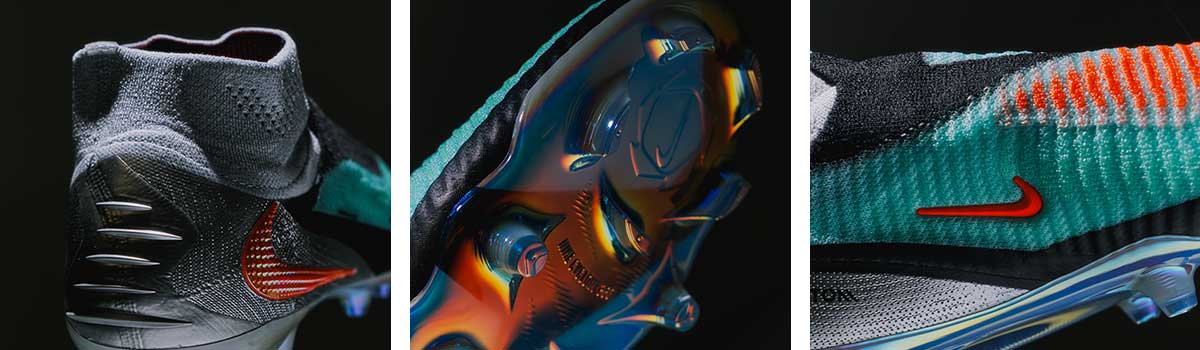 Nike Phantom High 6 Elite in drei Detailansichten: Blick auf die Ferse, Blick auf die Sohle, Detail-Zoom des Uppers mit Nike Swoosh