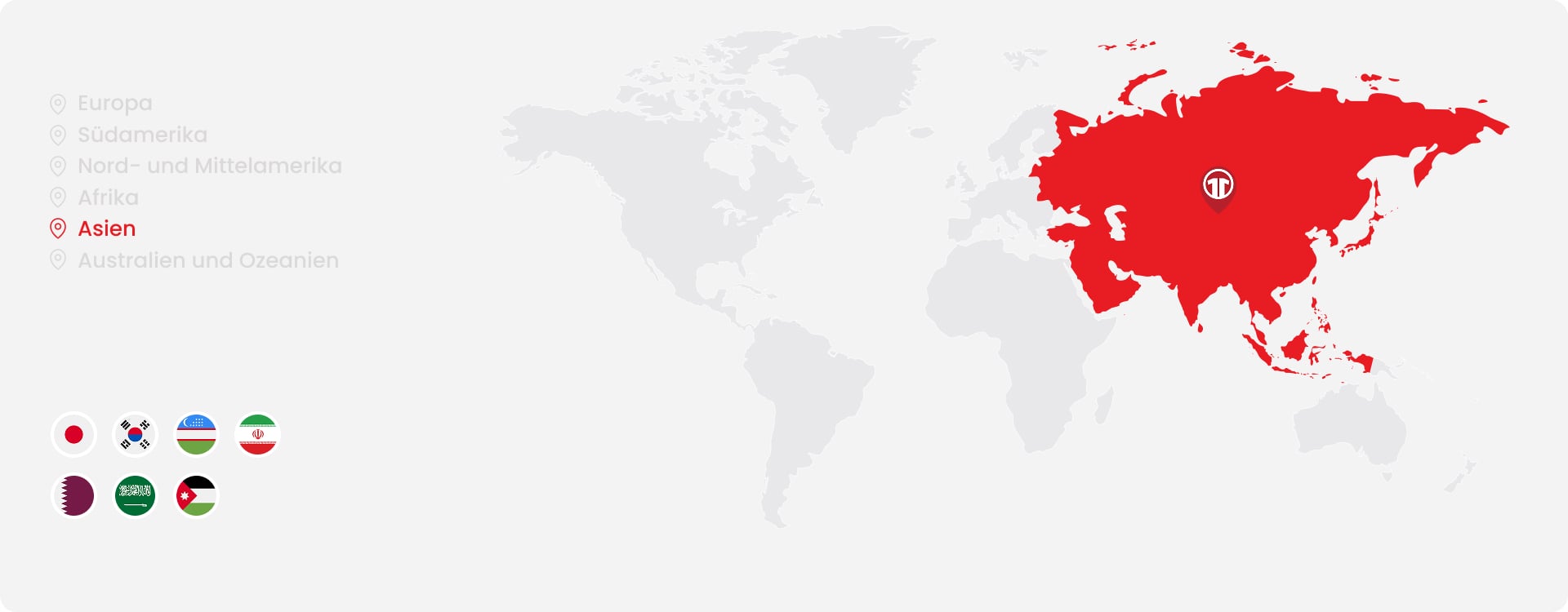 World map highlighting Asia with national team flags - Shop official Asian football shirts at 11teamsports