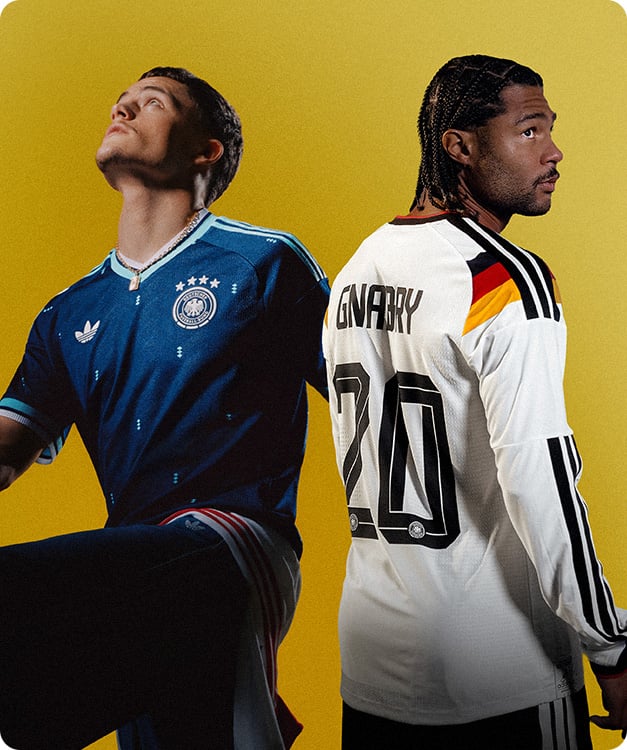 Germany navy away kit and retro white home shirt with Gnabry 20 print - Official DFB jerseys at 11teamsports