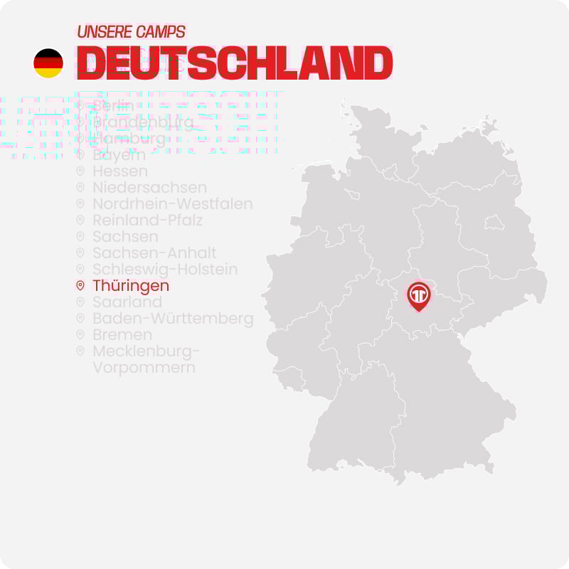 Map of Germany with all federal states listed - Find football camps for children near you at 11teamsports Football Academy