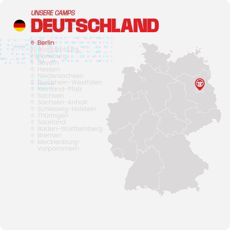Map of Germany with all federal states listed - Find football camps for children near you at 11teamsports Football Academy