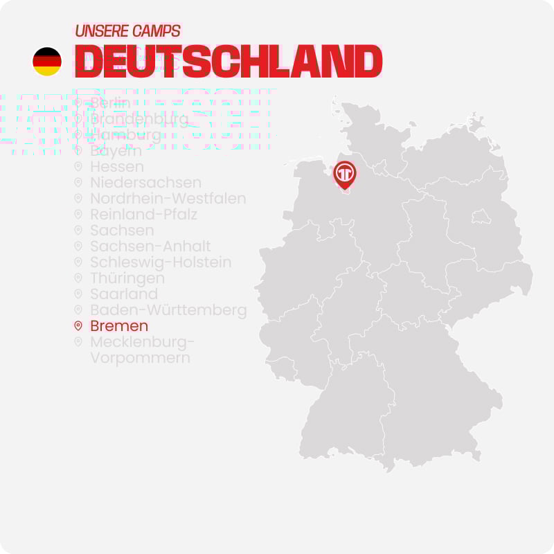 Map of Germany with all federal states listed - Find football camps for children near you at 11teamsports Football Academy
