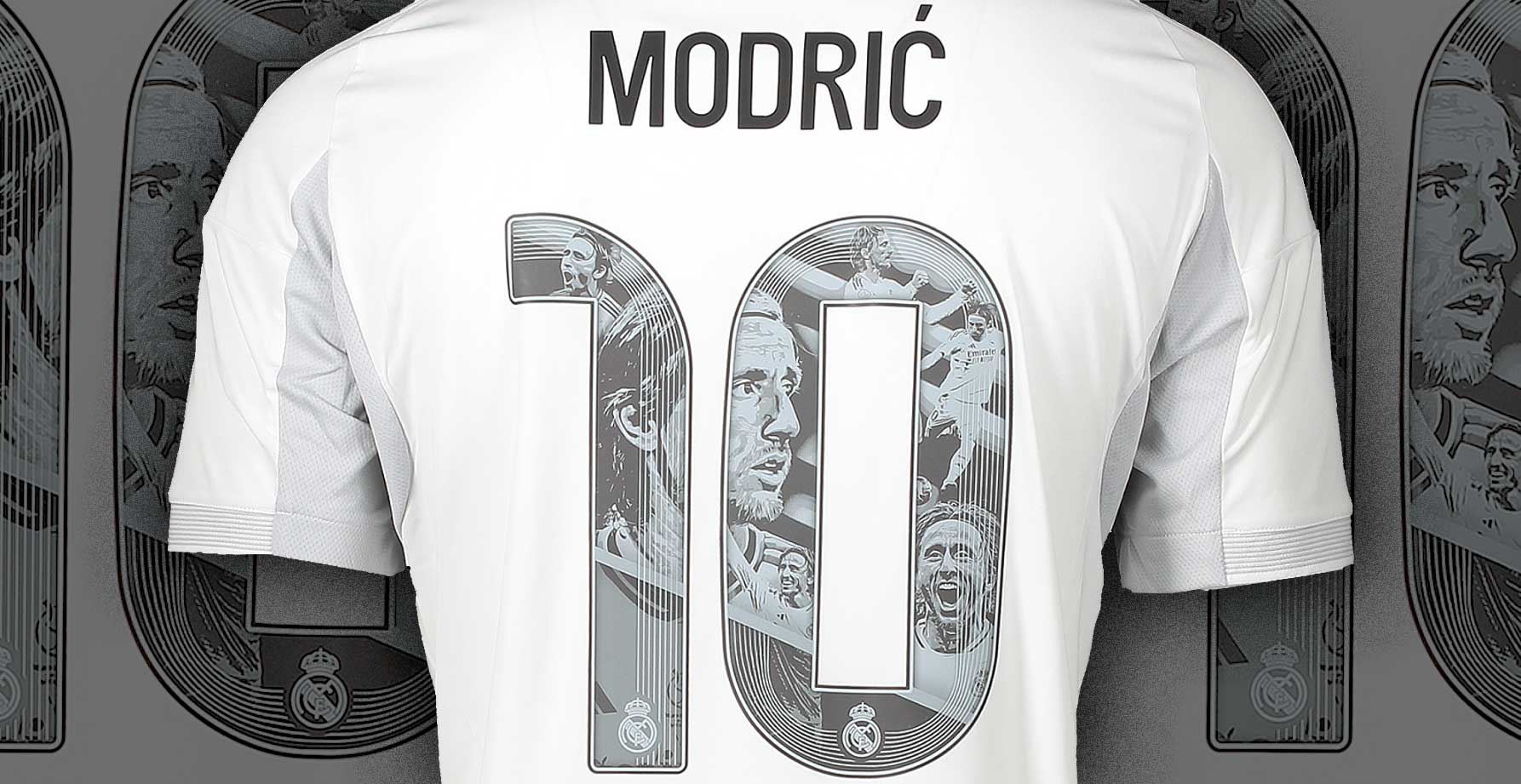 Detailansicht auf die grafische Rückennummer 10 des Modric-Sondertrikots gestaltet mit Fotosmomenten des scheidenden Real-Stars