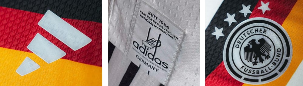 Dreigeteiltes Banner mit Detailansichten des adidas Performance-Logos in neuer Thermodruck-Technik mit Texturierung und leicht erhabener Haptik links, mittig das Retro-Label "adidas DFB Partner seit 1954" und rechts Closeup des DFB-Wappens mit den 4 Weltmeistersternen thermogedruckt auf dem fein texturierten Trikot-Strick
