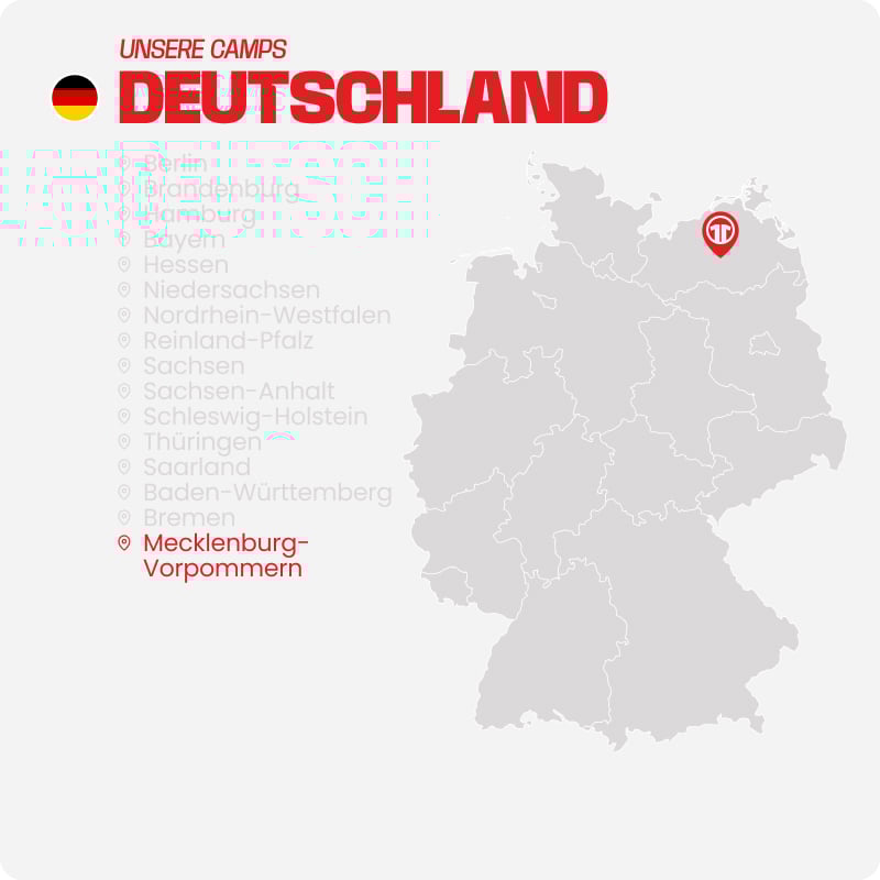 Map of Germany with all federal states listed - Find football camps for children near you at 11teamsports Football Academy