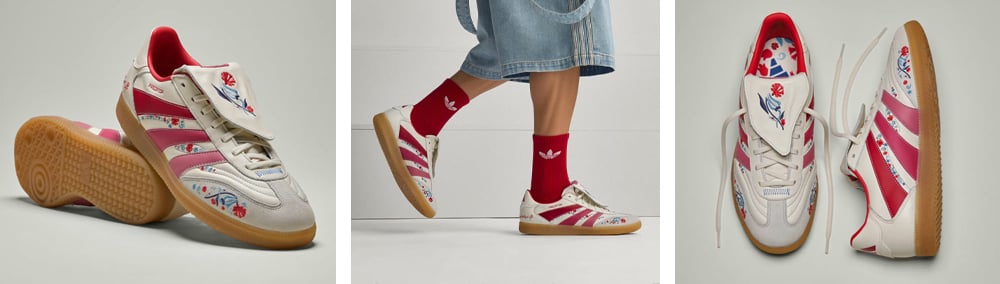 Dreiteiliges Banner mit drei Studio-Shots der Atem beraubenden THE FOOTBALL GAL Edition mit klassischer Umschlagzunge und liebevoller aufw&auml;ndiger Detailbestickung mit weiblichem Floralmuster-Design: Bild links: Schuhpaar zu klassischer Komposition liegend mit zweitem Schuh darauf lehnend, Mitte: On-Model-Shot mit roten adidas Originals Tefoil Sportsocken f&uuml;r die Lifestyle-Vibes, rechts: klassischer Top-Shot mit Blick auf die gestaltete Einlegesohle und zweiter Boot auf Innenseite gelegt