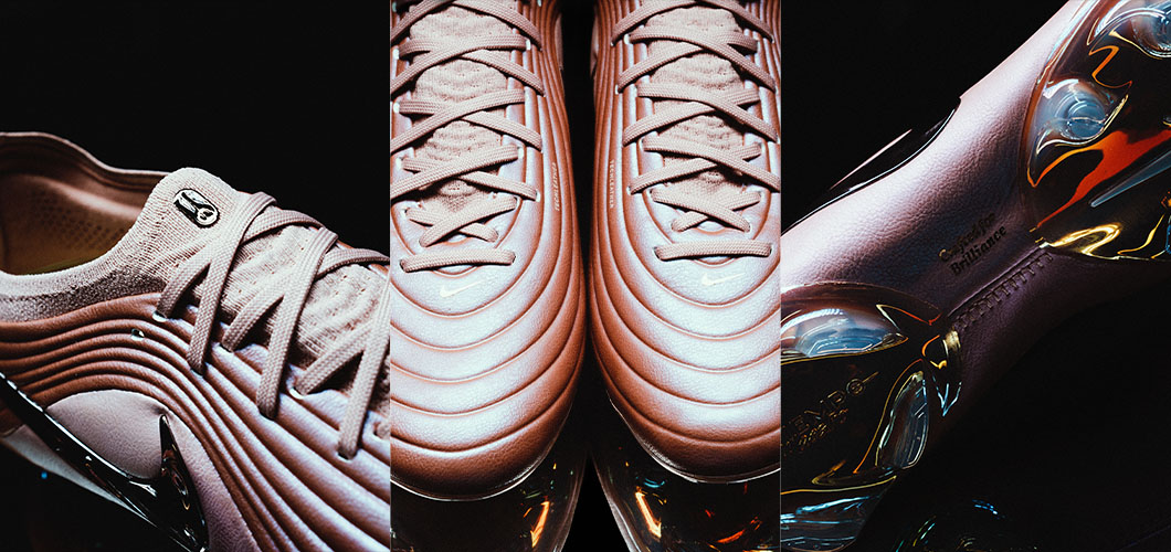 Three premium football boots displayed side by side: white Nike boot with ribbed texture, copper-colored Nike Tiempo Maestro with layered design, and black boot with colorful rainbow accents against dark background