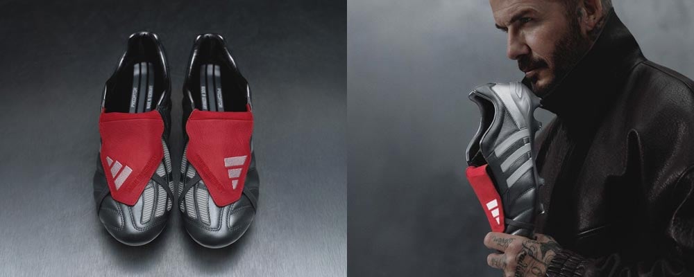 Banner zur adidas Predator Mania Gumetal FG 2025 Limited Edition - linke H&auml;lfte: Aufsicht auf ein Paar Manias mit Blick auf die knallrote Umschlagzunge, rechte H&auml;lfte, David Beckham in Lederjacke, der die neue Version seines damals getragenen originalen adidas Mania Gunmetal in der Hand h&auml;lt
