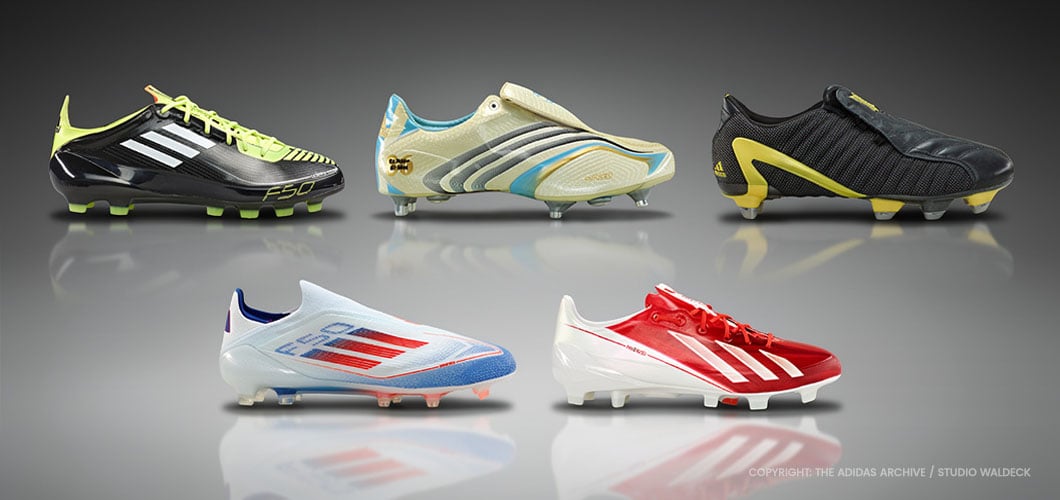 adidas F50 evolution comparison - Several generations of F50 football boots in different colorways showcasing the chronological development of the iconic boot series