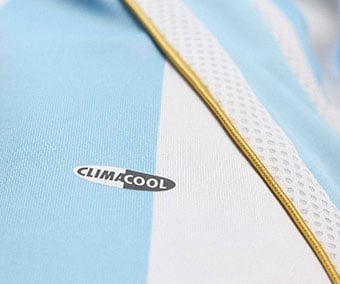 Retro Climacool logo detail with gold piping and mesh fabric texture of the Teamgeist home design