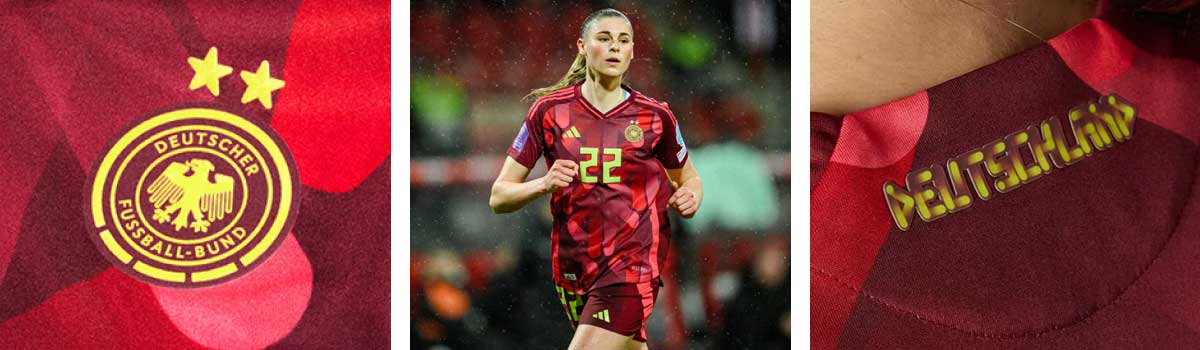 dreiteilige Detailansicht des Away-Trikot-Designs: links das DFB-Wappen, mittig Giulia Gwinn im Trikot in Action, rechts Blick auf den kreativen DEUTSCHLAND-Schriftzug im Nacken