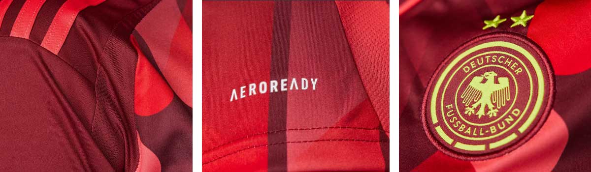 Dreiteilige Detailansicht: links Schulterpartie mit adidas 3-Stripes und Mesh-Einsätze seitlich, in der Mitte Closeup auf den aufgedruckten AEROREADY Schriftzug, rechts das DFB-Wappen mit den zwei Weltmeisterschaftssternen als aufgenähter Web-Patch