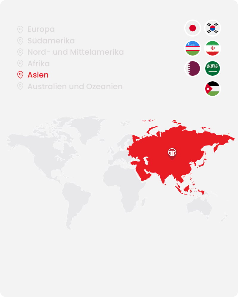 World map highlighting Asia with national team flags - Shop official Asian football shirts at 11teamsports