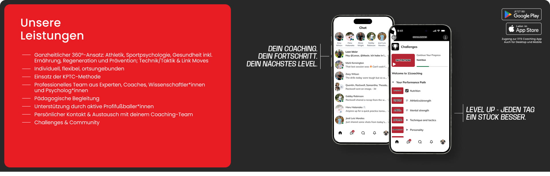 11teamsports Coaching App banner showing features list and phone mockups - Download 11TS Coaching App on iOS and Android at 11teamsports Football Academy
