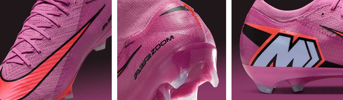 dreiteilige Detailansicht des kleinen Design-Facelifts für Merurial Superfly 10 und Mercurial Vapor 16: Nike Swoosh deutlich größer, prominentes AIR-Graffiti-Logo auf der Fersenkappe jetzt ein cleaner Technologie-Schriftzug seitlich, Mercurial M-Logo ist zurück auf der Schuh-Innenseite