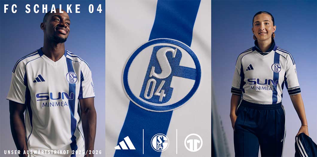 Imagebanner des neuen Schalke 04 Away-Trikots für Saison 2025/26 mit Logos von adidas , Schalke 04 und unserem 11teamsports-Logo, da wir der offizielle Ausstatter und Name & Numbering Spezialist für Schalke 04 sind