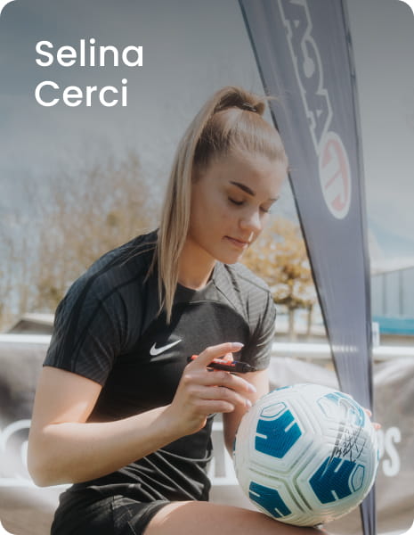 German international Selina Cerci posing with ball in black football kit - 11teamsports Football Academy ambassador