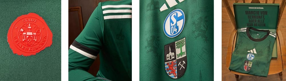 Detailansichten des Schalke "150 Jahre Gelsenkirchen" Sondertrikots: links: Wachssiegel der Stadtgr&uuml;ndung im Nacken, halblinks: adidas 3-Stripes auf den Schultern und langer &Auml;rmel mit den schwarz-wei&szlig;en Ringen, halrechts: adidas Logo + S04 Patch + Gelsenkirchen Stadtwappen-Patch, rechts: spezielle Jubli&auml;umsverpackung