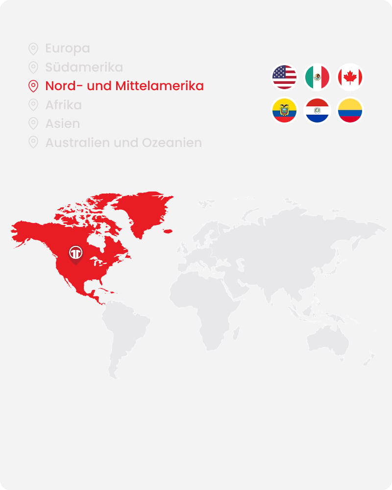 World map highlighting North and Central America with national team flags - Shop official CONCACAF football shirts at 11teamsports