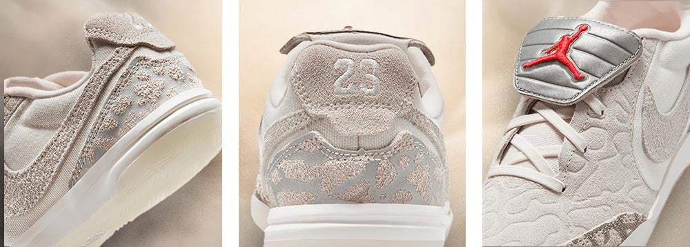 Ein Paar creme-beige-farbene Nike Tiempo StreetGato IN Kids Jordan Special Edition Fu&szlig;ballsneaker in dreiteiliger Detailansicht: links Detailblick auf die 3-dimensionale Umsetzung des Jordan-Signature-Musters in der Wildleder-Struktur, mittig Fersenansicht mit aufgestickter 23, rechts Blick auf die silbermetallische Umschlagzugen mit rotem Jordan Jumpman Logo in 3D gepr&auml;gt 