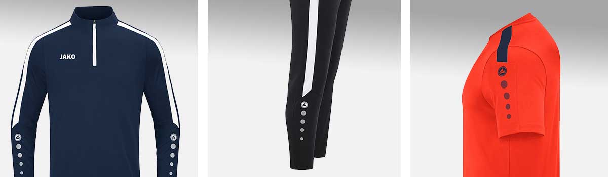 Detailansichten mit den Design-Besonderheiten der JAKO Power-Kollektion