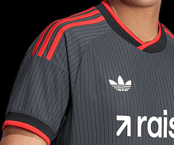 Zweifarbiger Custom-V-Kragen, Raglanschnitt mit aufgen&auml;hten 3-Stripes und zweifarbigen &Auml;rmelb&uuml;ndchen