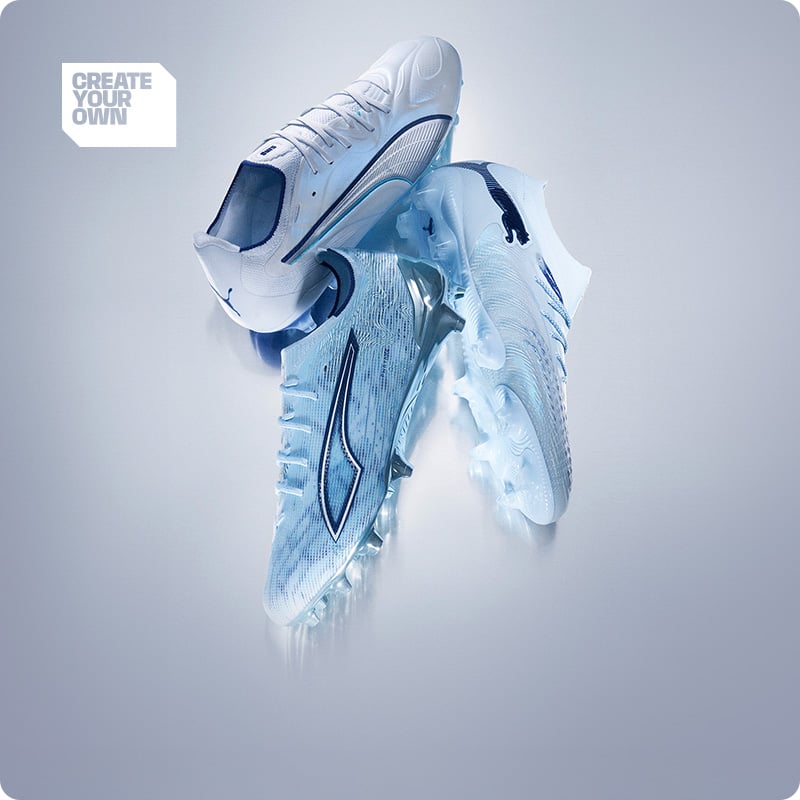 Puma DreamRush Pack boot collection in white and light blue floating on grey background - Create Your Own custom boots at 11teamsports