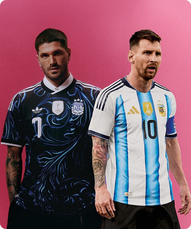 Two players wearing Argentina home and away Adidas jerseys - Shop official AFA football shirts at 11teamsports
