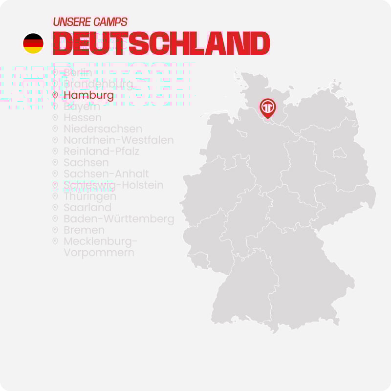 Map of Germany with all federal states listed - Find football camps for children near you at 11teamsports Football Academy