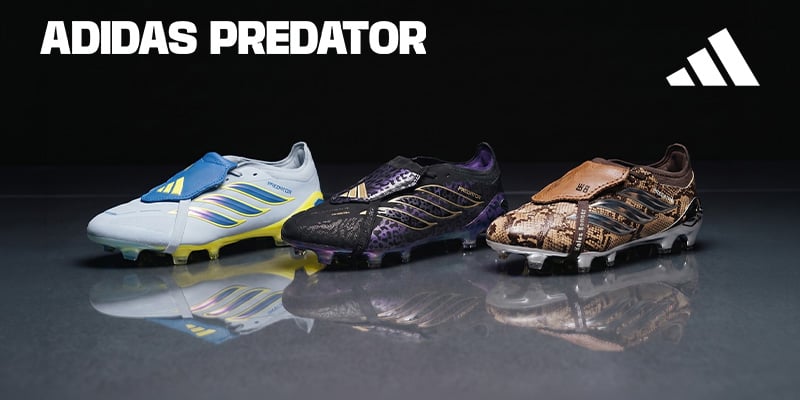 Adidas Predator boot collection featuring white with blue stripes, black purple gold and snake skin editions on dark reflective background - Buy Adidas Predator football boots at 11teamsports