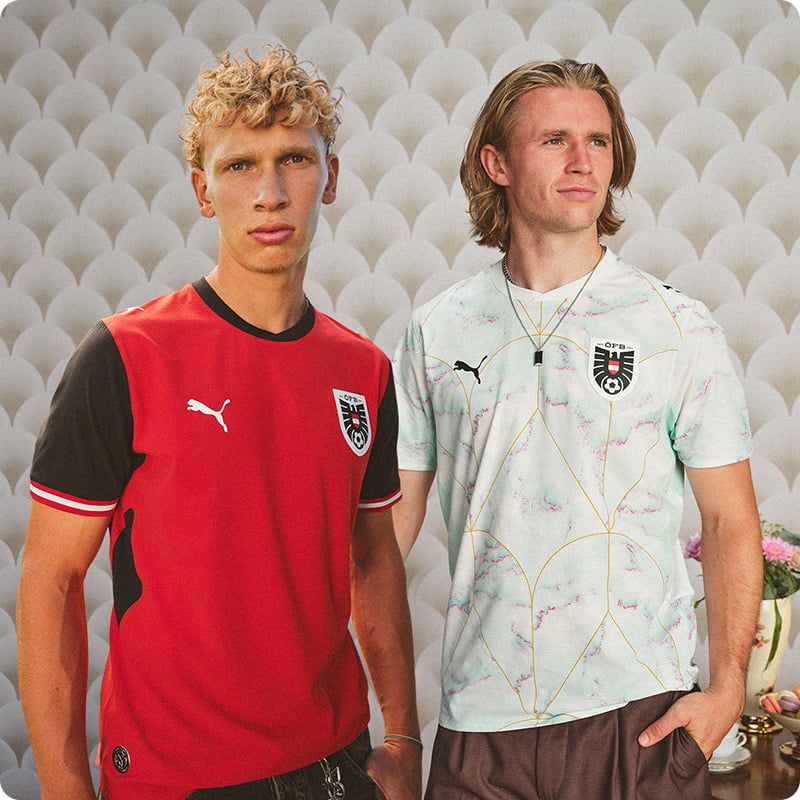 Models in Austria home and away kits with ÖFB badge - Buy official Austrian football shirts at 11teamsports