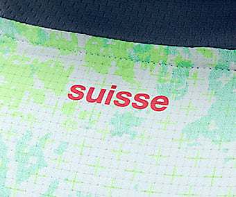 suisse font thermoprinted on neck