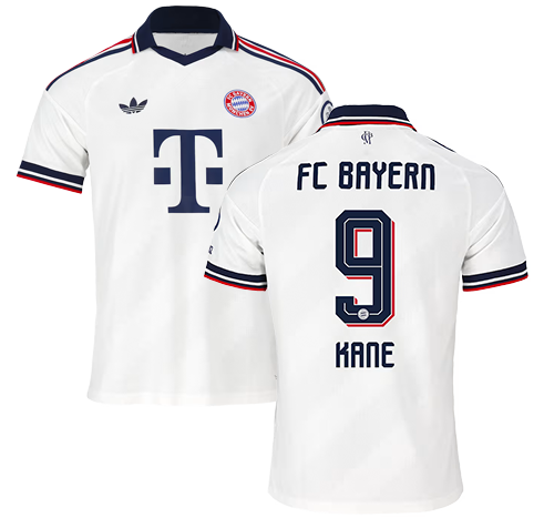 Away jersey embellishment example with Kane and number 9 in original club typeface