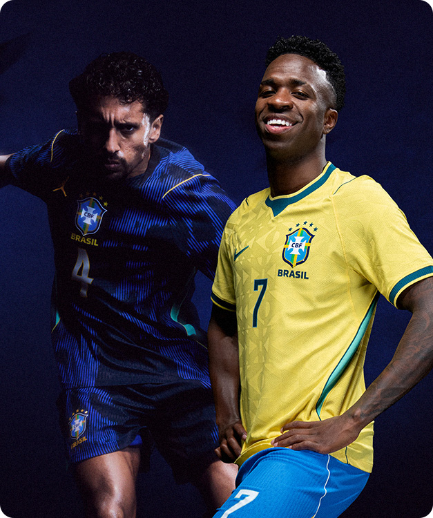 Two players wearing Brazil home and away Nike jerseys - Shop official CBF football shirts at 11teamsports