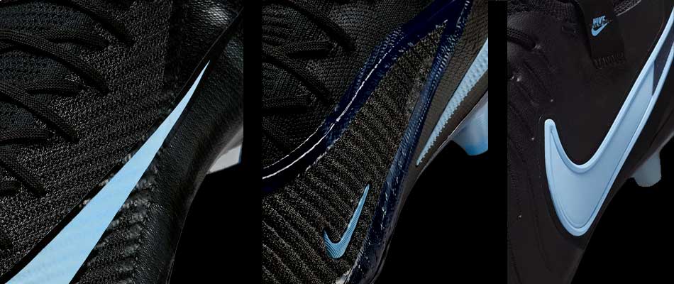 Closeup auf das Upper und den Swoosh des Top Tiempo, Top Pantom und Top Mercurial, um die Farbkombi Schwarz mit Ice Blue zu verdeutlichen
