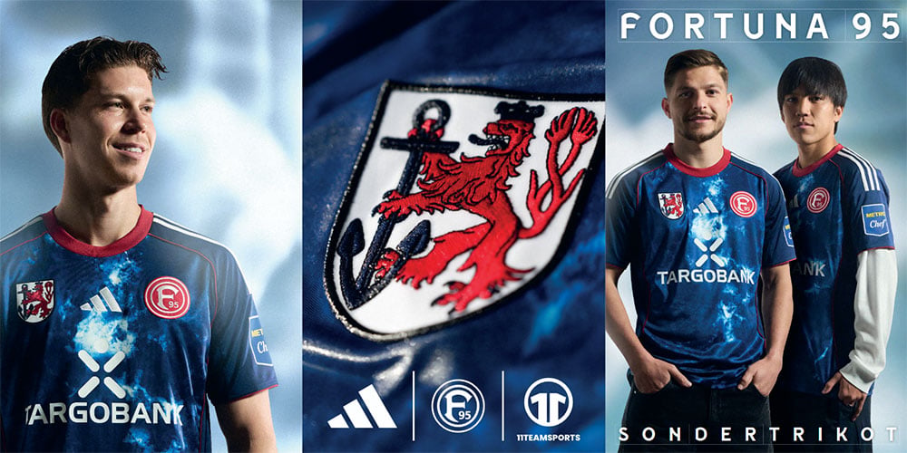 Dreiteiliges Sondertrikot-Banner: links Tragweise als Spieler, mittig: Closeup auf Stadtwappen, rechts: Lifestyle-Applikation mit zwei Fans, einmal kurz&auml;rmlig zur Jeans und daneben &uuml;ber dem Sweater.
