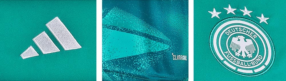 Dreigeteiltes Banner mit Detailansichten des adidas Performance-Logos klassisch gestickt auf dem Fan-Torwarttrikot links, mittig ein Ausschnitt aus dem unteren R&uuml;ckenteil mit Grafikprint und Schriftzug CLIMACOOL, rechts Closeup des DFB-Wappens als aufgen&auml;hter Patch mit den 4 Weltmeistersternen gestickt 