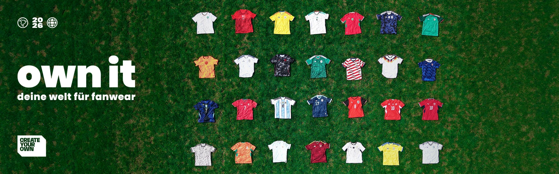 Aerial view of colourful international football kits on grass - Shop official fanwear at 11teamsports