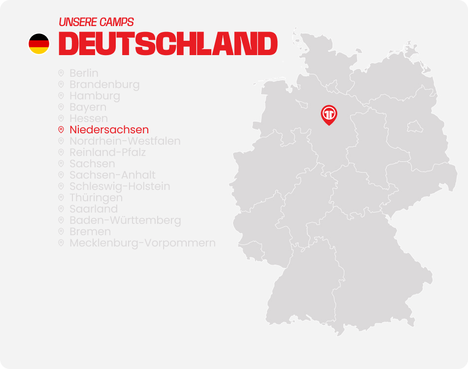 Map of Germany with all federal states listed - Find football camps for children near you at 11teamsports Football Academy